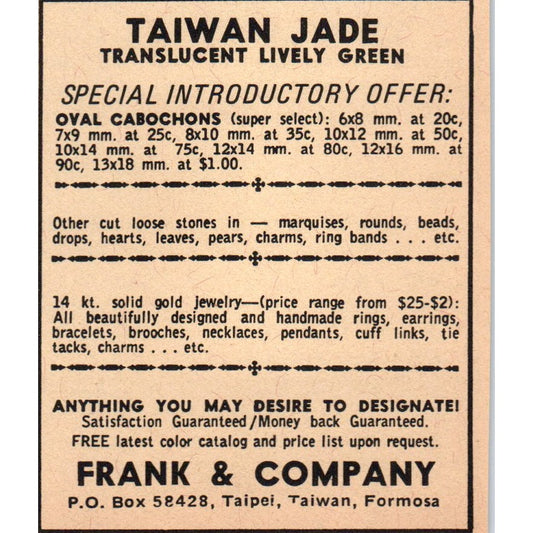 Frank & Company Taiwan Jade Taipei Taiwan Formosa 1971 Magazine Ad AD8-R9