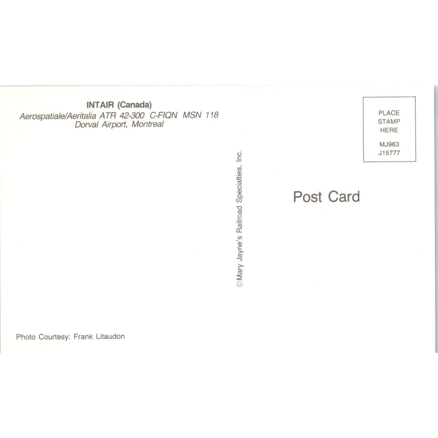 INTAIR Canada ATR 42-300 C-FIQN Vintage Postcard PC2