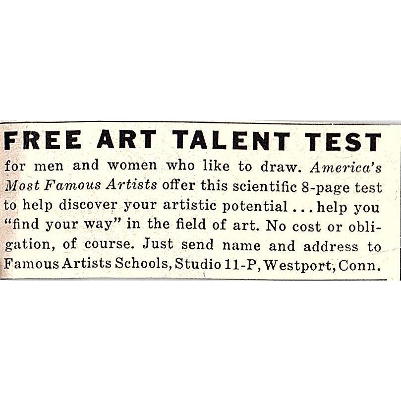 Art Talent Test - Famous Artists Schools Westport CT 1955 Ad AF9-S2