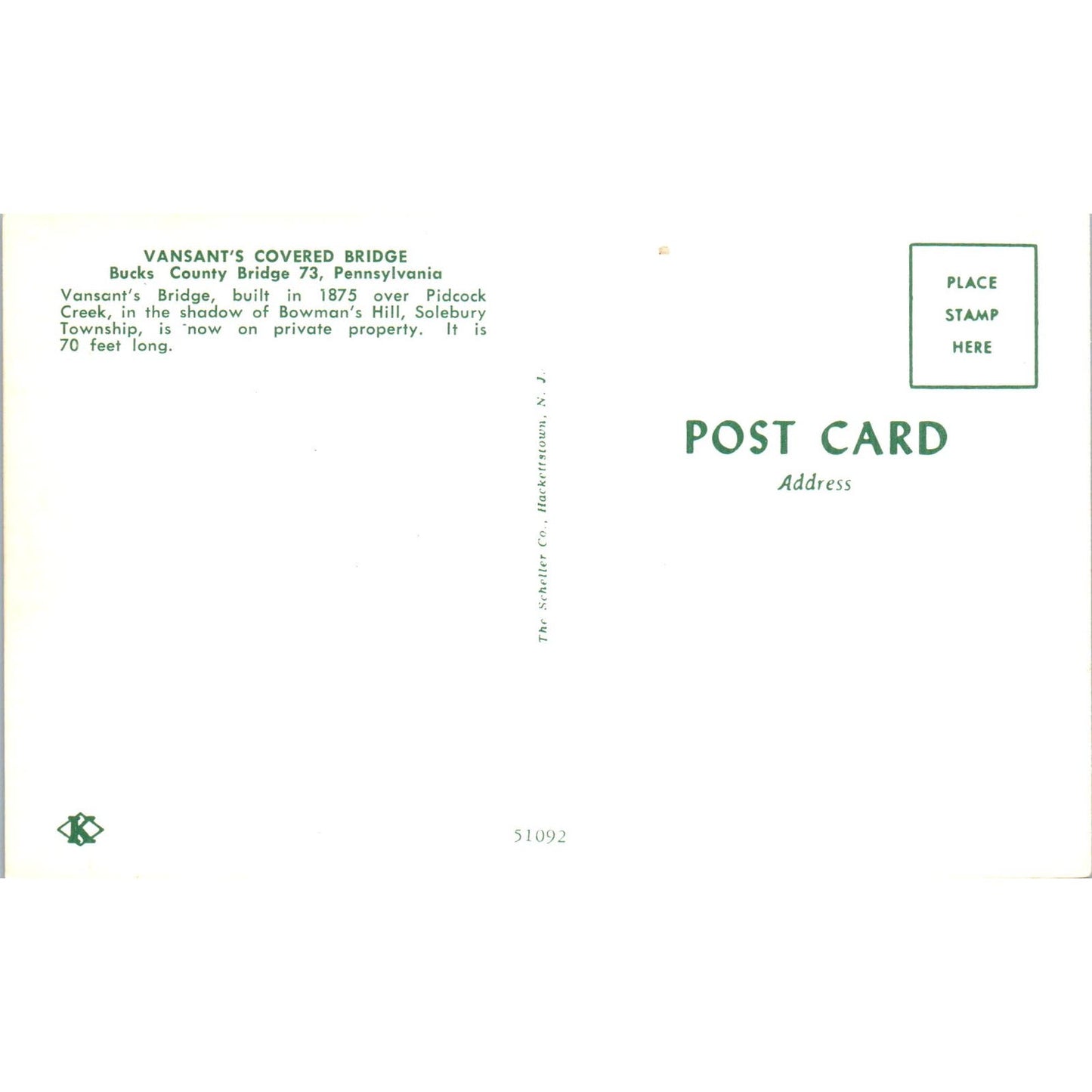 Vasant's Covered Bridge Bucks County 73 PA Vintage Covered Bridge Postcard PD3