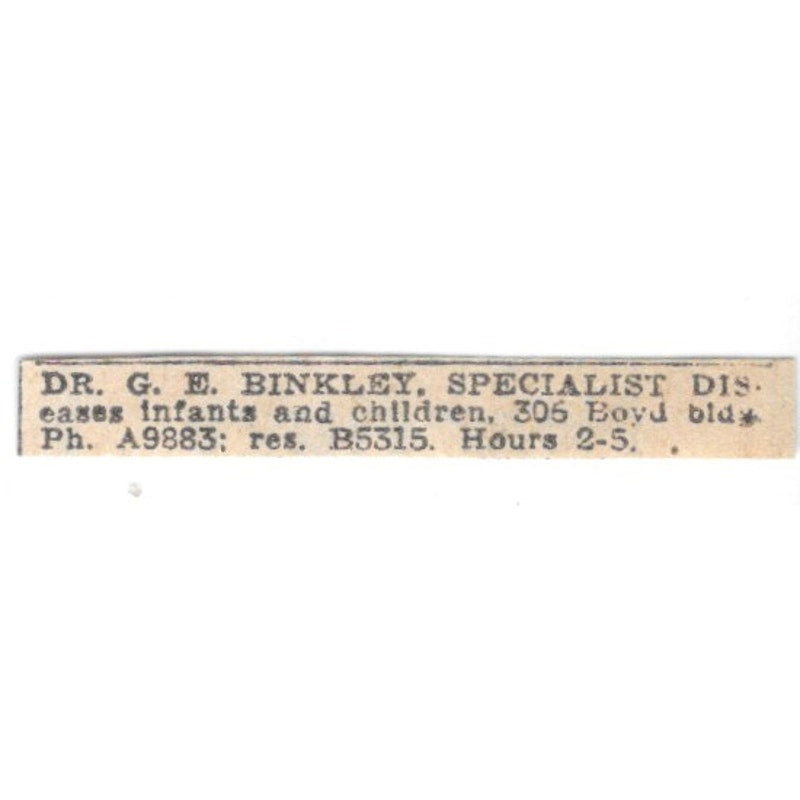 Dr G.E. Binkley Disease Specialist 306 Boyd Building Winnipeg 1920 Ad AG2-S6