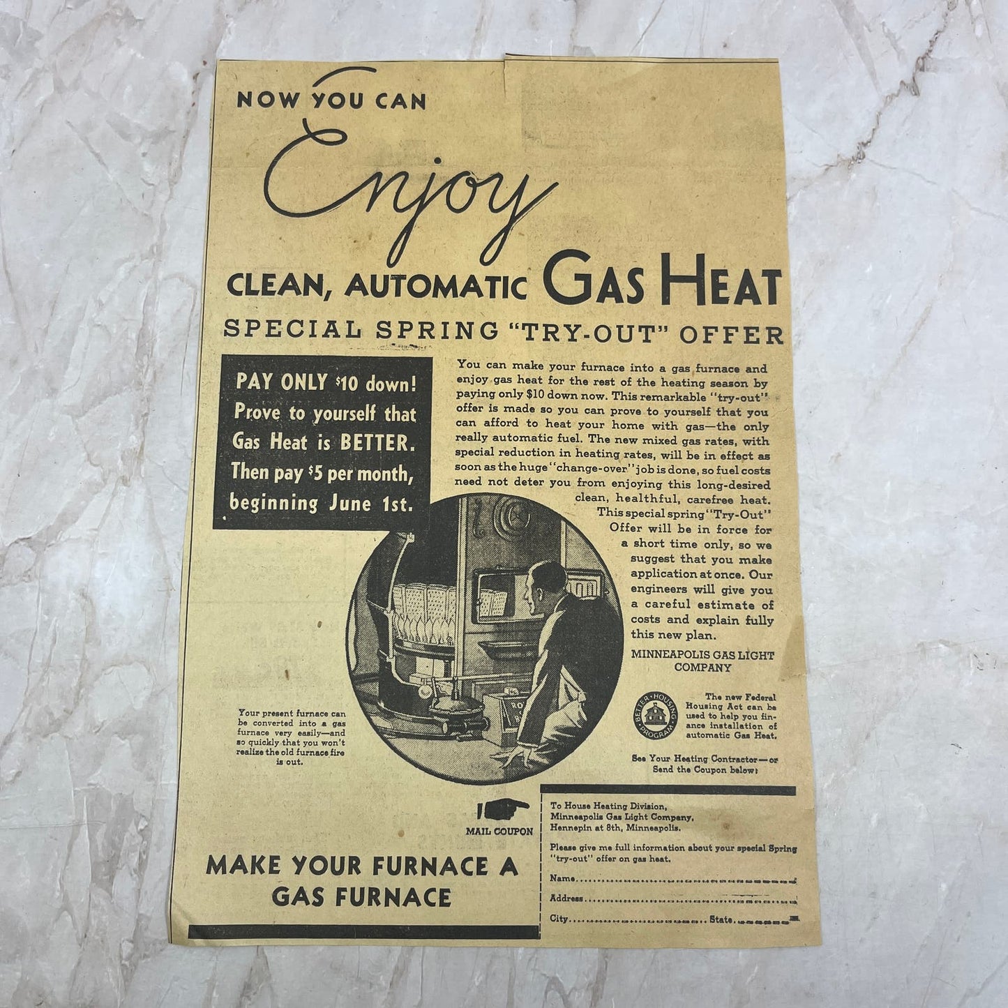 Gas Heat Minneapolis Gas Light Company 8x10 1935 Newspaper Advertisement FL6-8