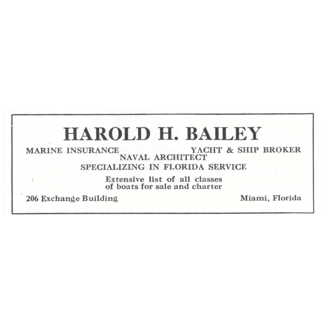 Harold H. Bailey Yacht & Ship Broker Miami Florida 1932 Ad AG2-M20