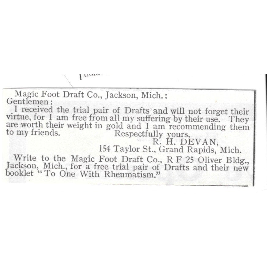Magic Foot Draft Co R.H. Devan Testimonial Grand Rapids MI 1903 Ad AF8-S34