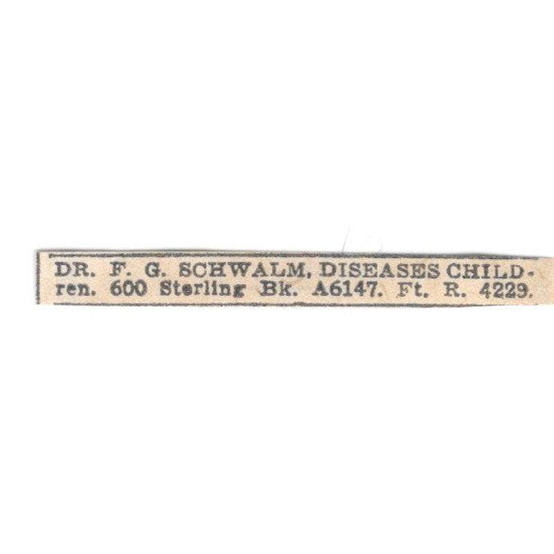 Dr F.G. Schwalm Children's Diseases 600 Sterling Block Winnipeg 1920 Ad AG2-S14