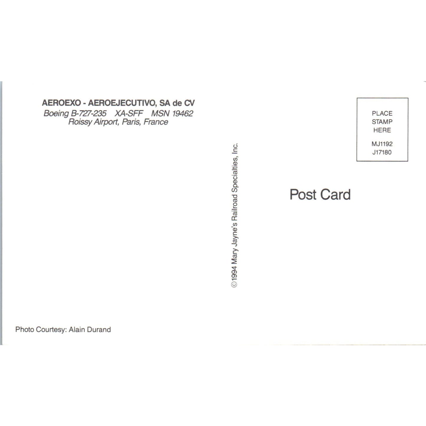 AEROEXO Aeroejecutivo Boeing B-727-235 XA-SFF Vintage Postcard TG8-PC