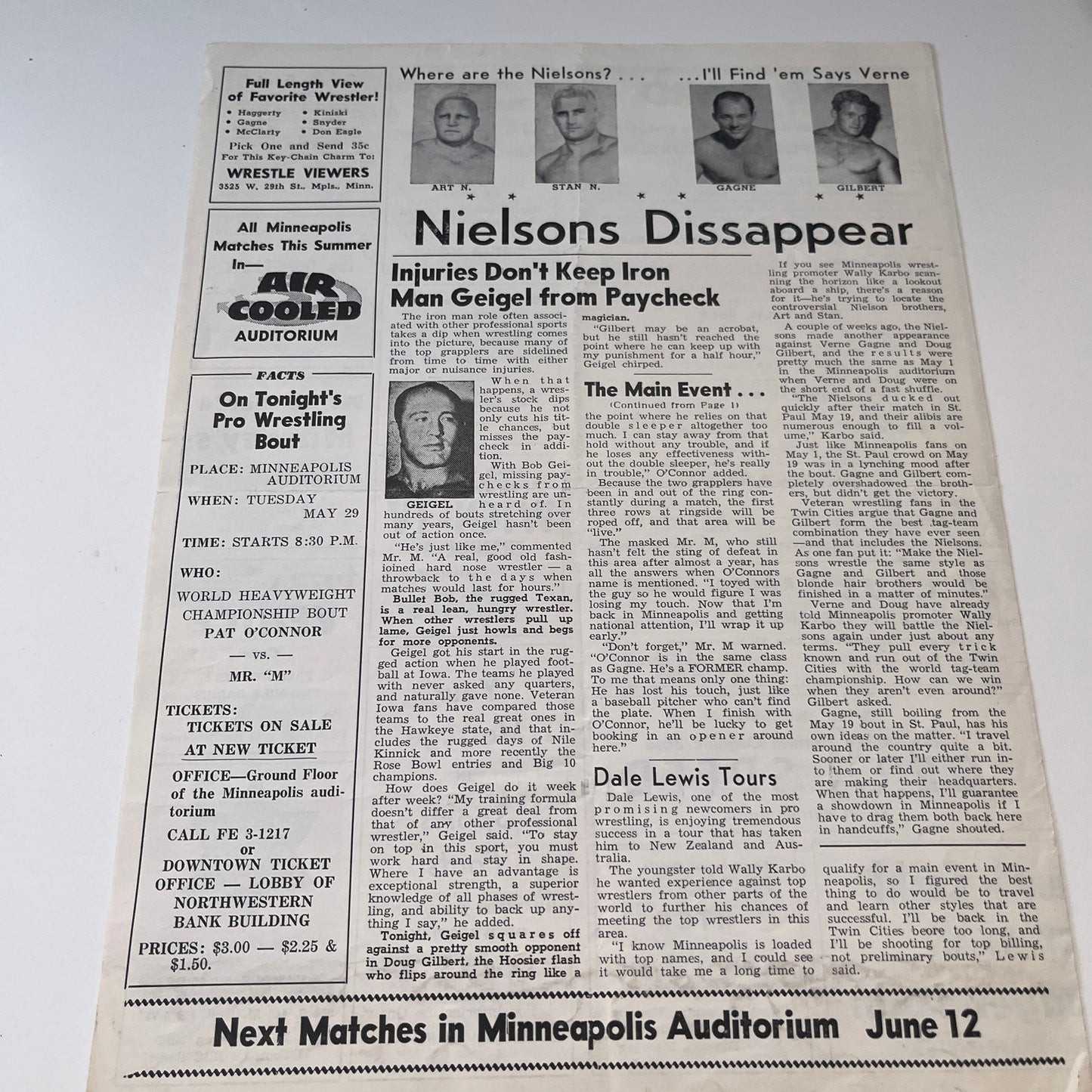 Kowalski Scarpello Geigel May 29 1962 Sports Facts Wrestling Program & Card V1-3