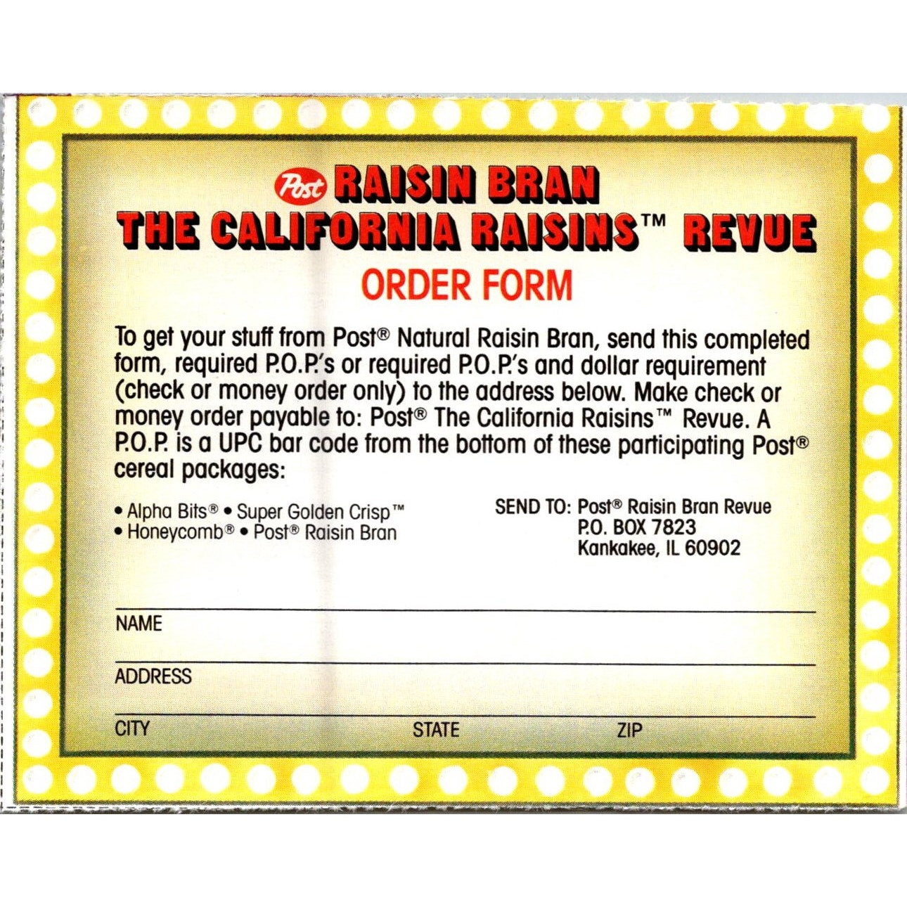 Raisin Bran California Raisins Revue Order Form Blank 1989 SAH7-H1