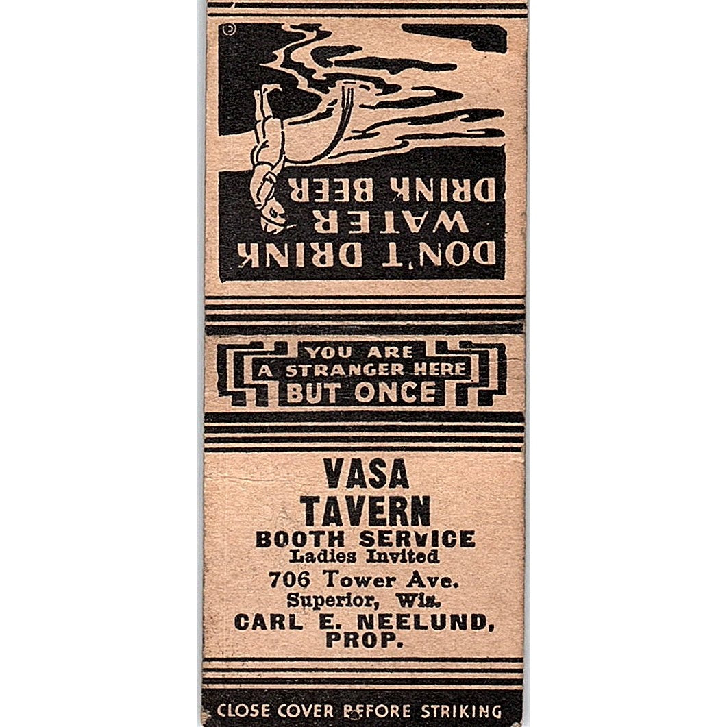 Vasssa Tavern Carl E Neelund Superior WI Vintage Matchbook Cover SC7-Y6