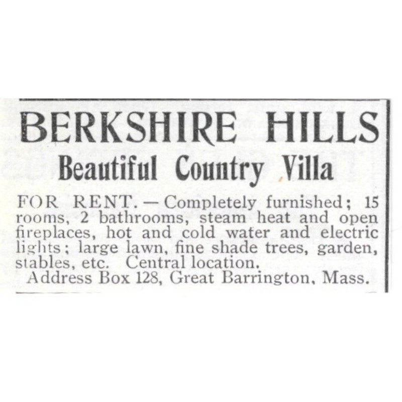 Berkshire Hills Country Villa Great Barrington MA 1903 Ad AF8-S38