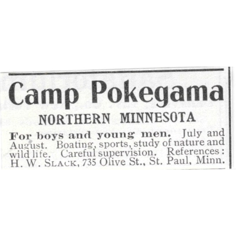 Camp Pokegama Northern Minnesota H.W. Slack St. Paul 1903 Ad AF8-S43