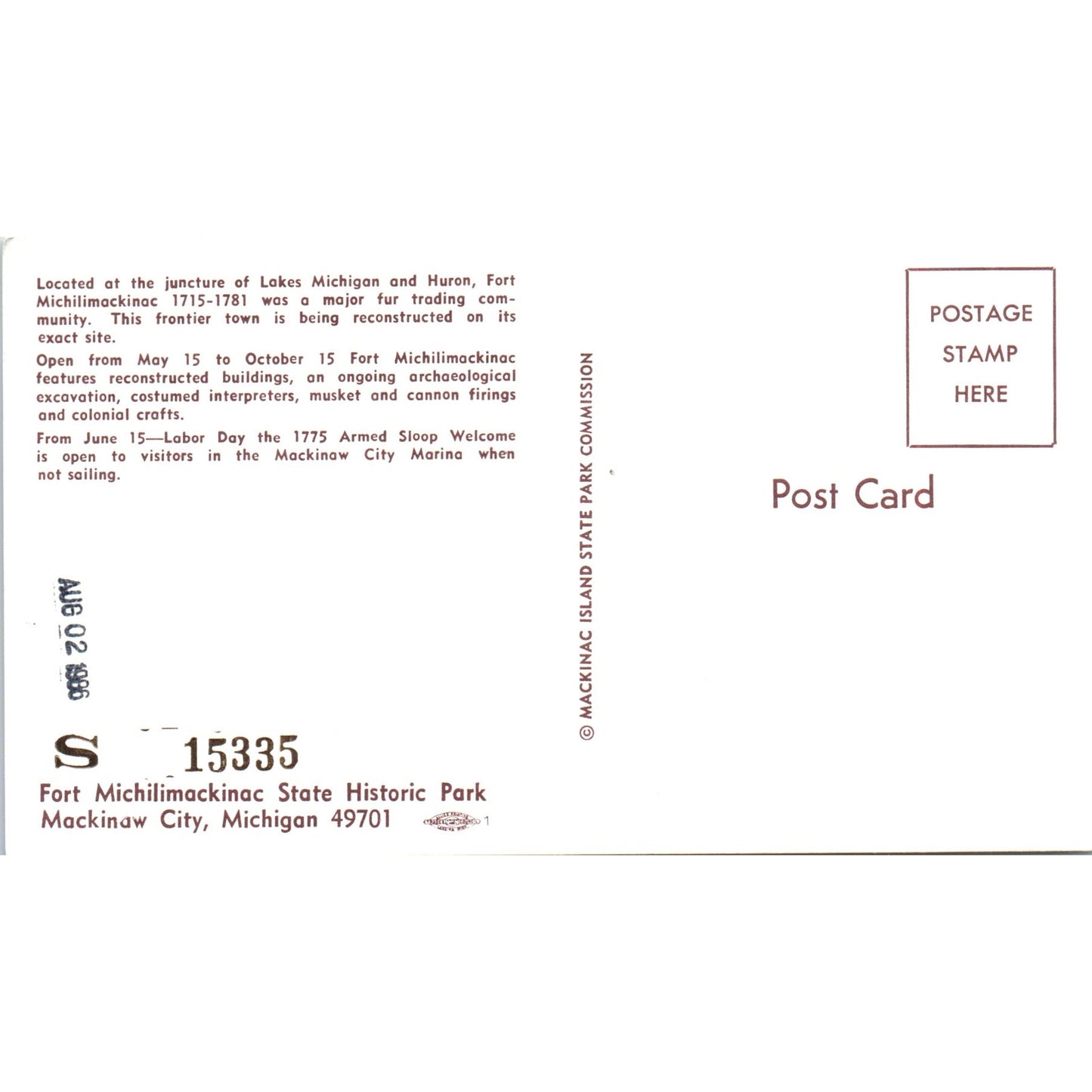 1986 Fort Michilimackinac Armed Sloop Mackinaw City MI Vintage Postcard PD8