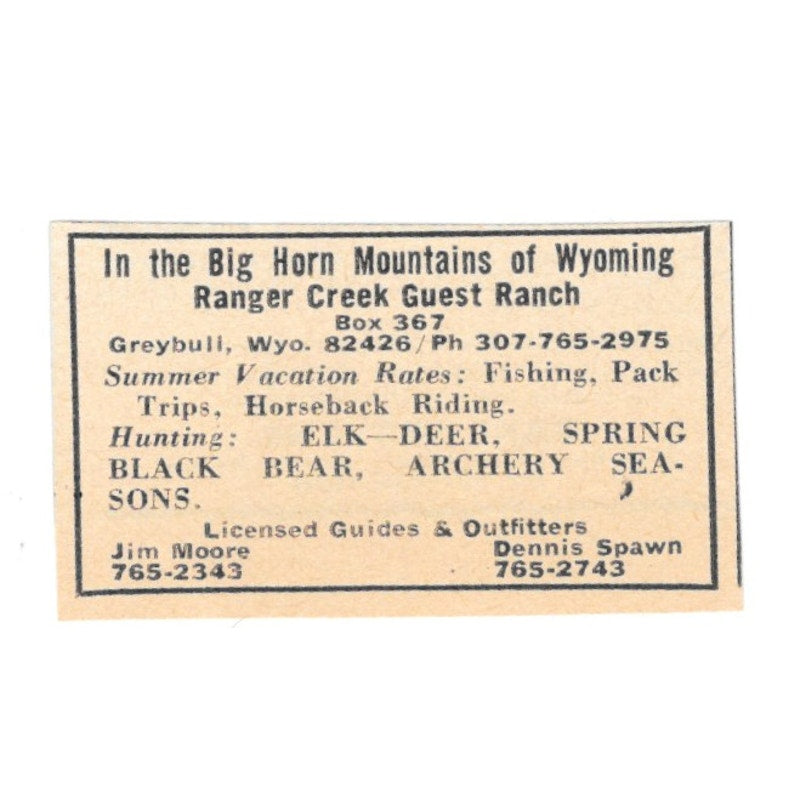 Ranger Creek Guest Ranch Jim Moore Dennis Spawn Greybull WY 1977 Ad AF6-S2