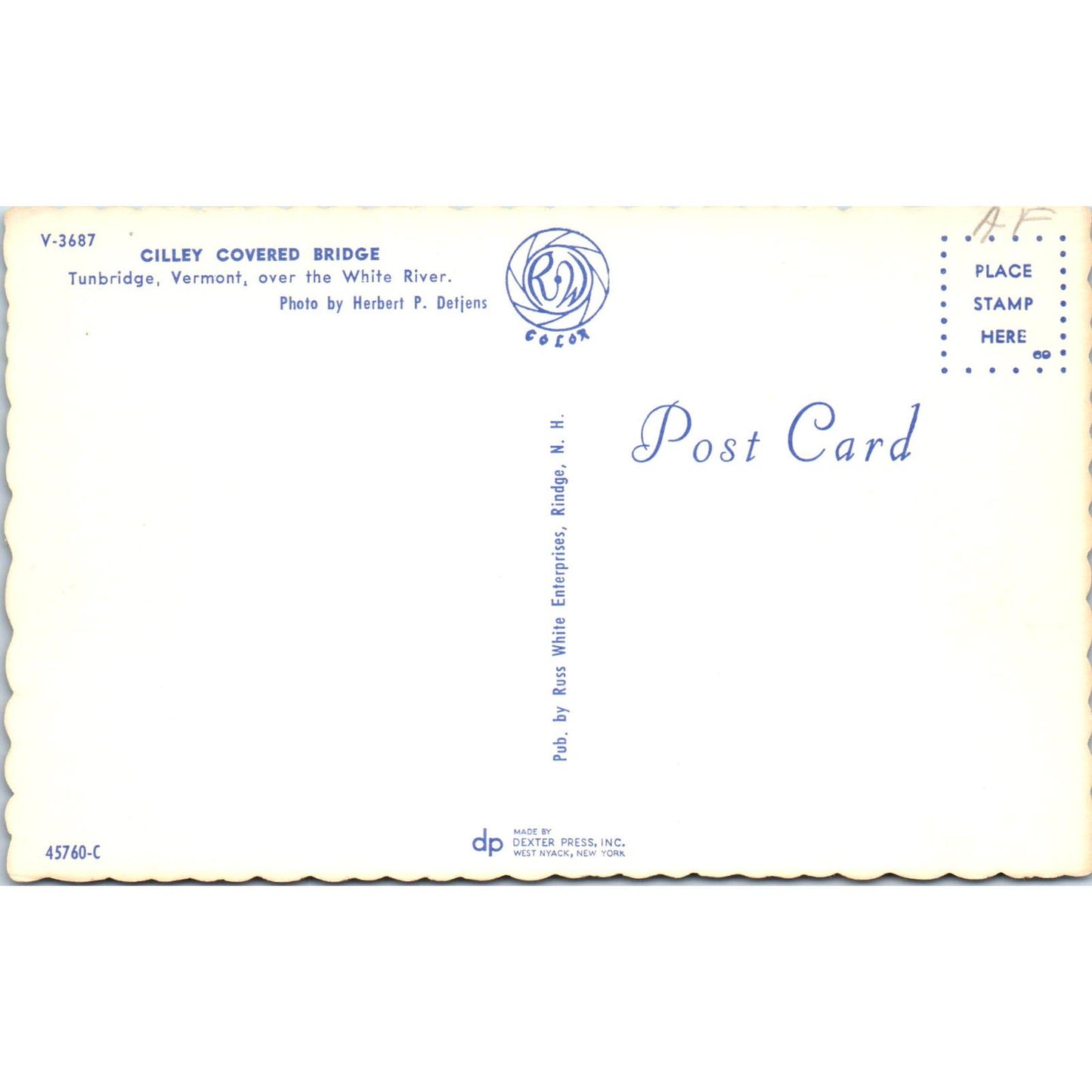 Cilley Covered Bridge Tunbridge VT White River Covered Bridge Postcard PB11