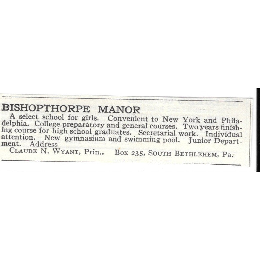 Bishopthorpe Manor South Bethlehem PA Claude N. Wyant c1920 Magazine Ad SAG4-S3