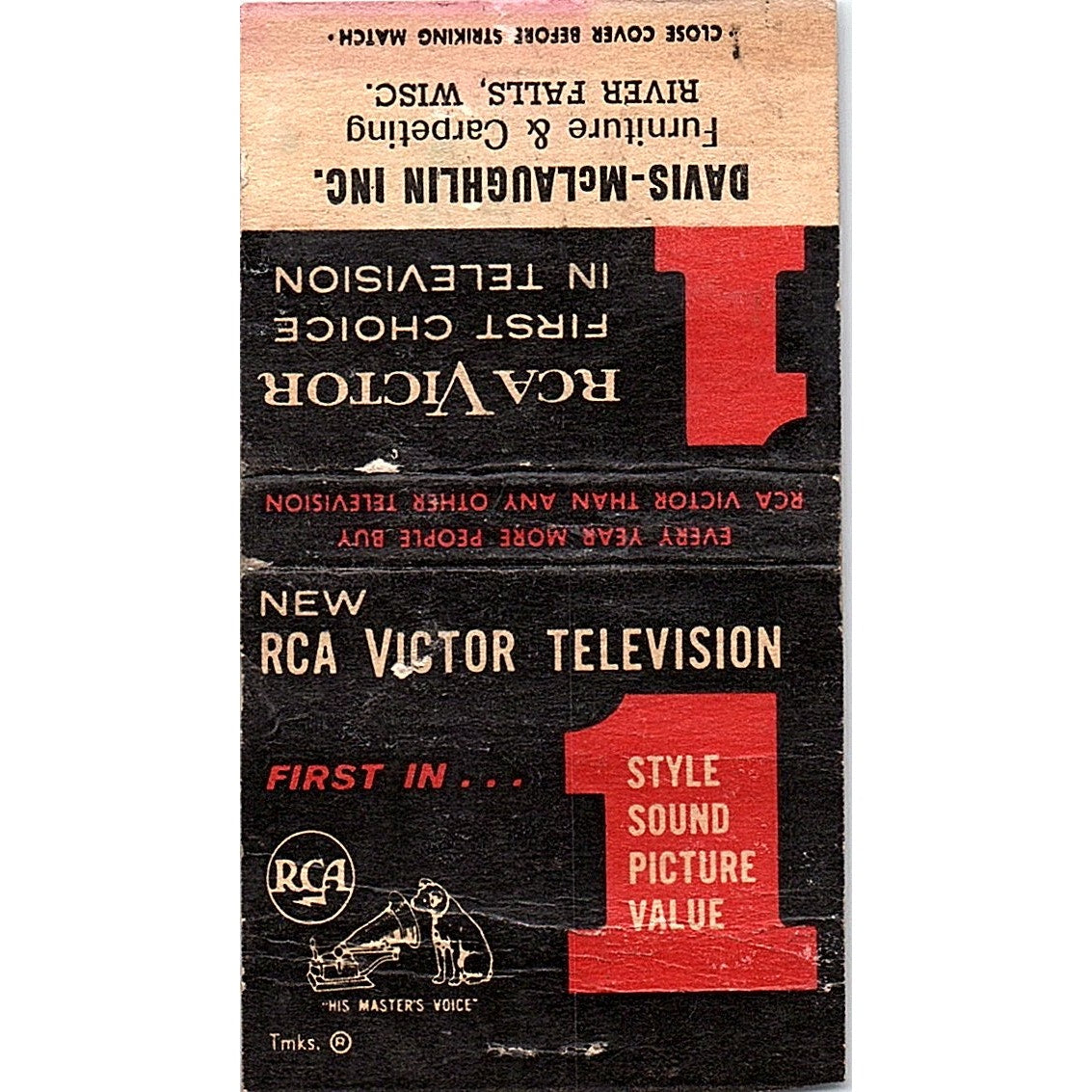 Davis-McLaughlin Inc River Falls WI RCA Victor TV Vintage Matchbook Cover SC7-Y3
