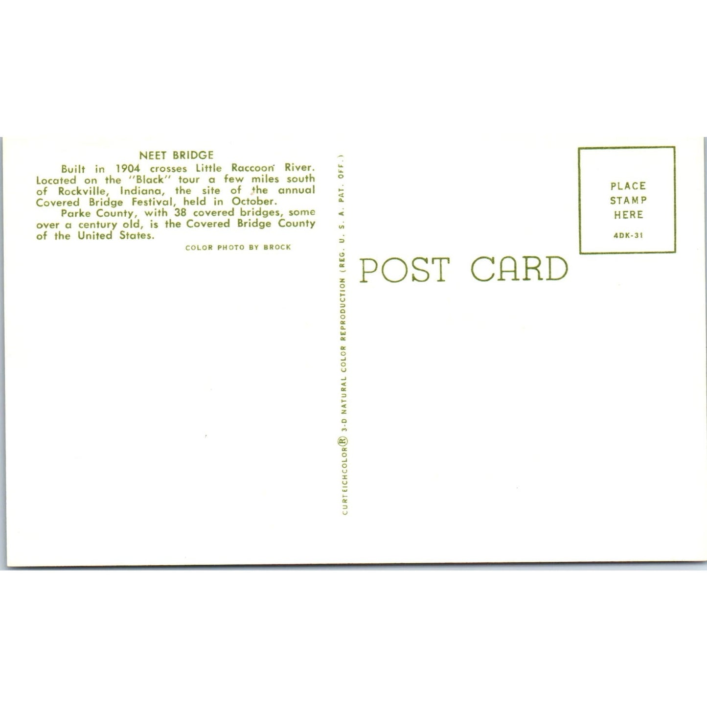 Neet Bridge Parke County IN Rockville Vintage Covered Bridge Postcard PD3