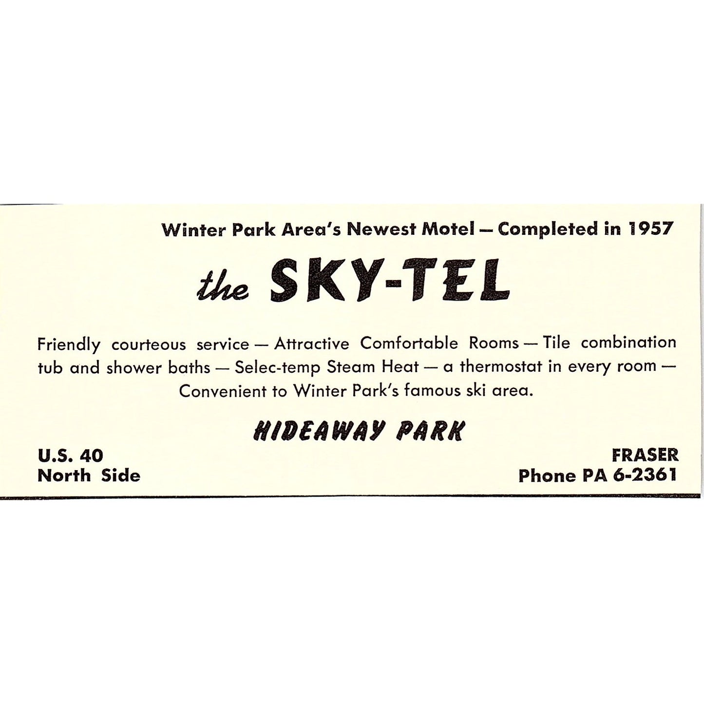 The Sky-Tel Hideaway Park Fraser CO 1958 Ad AG1-M2