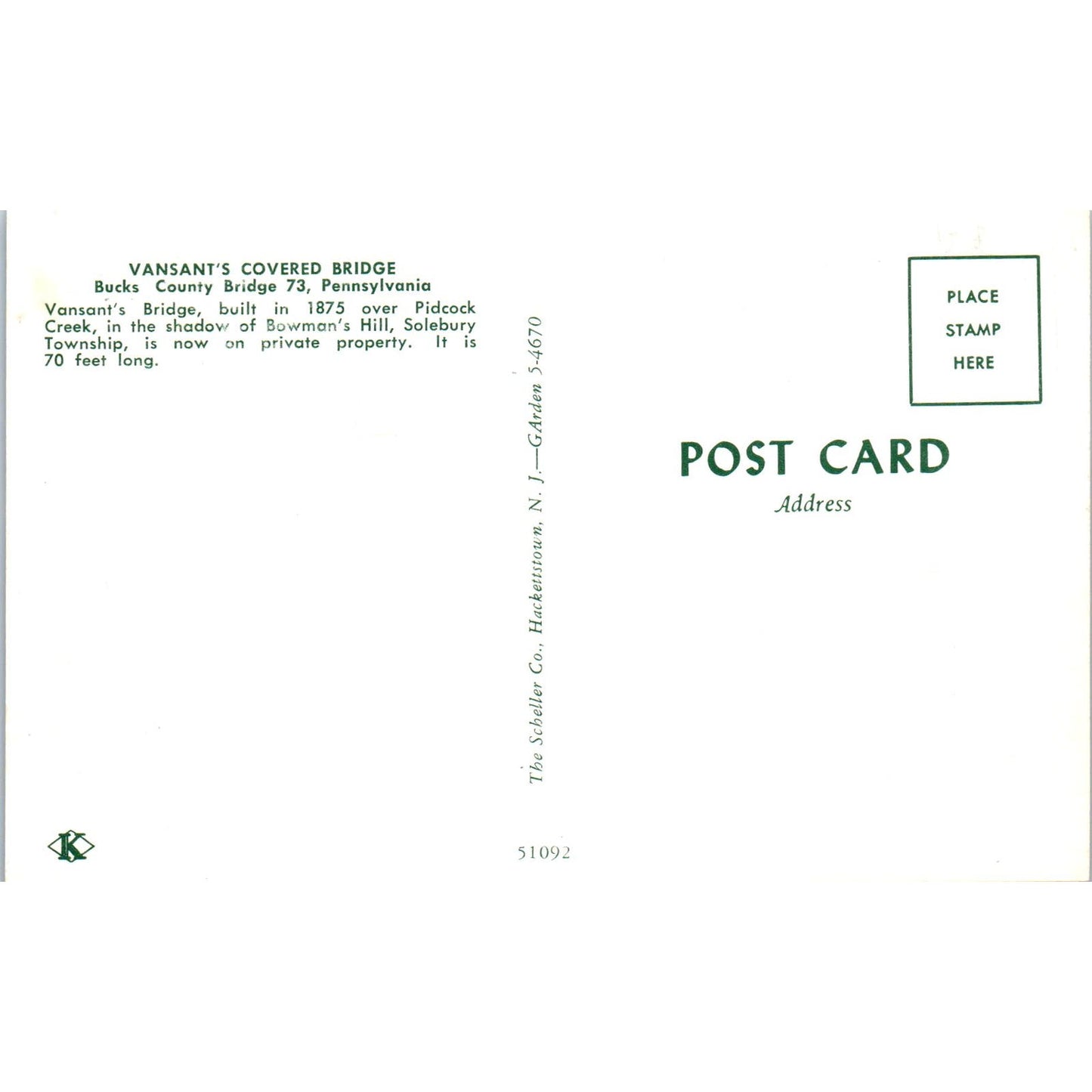 Vansant's Covered Bridge Pidock Creek Solebury Twp Covered Bridge Postcard PB13