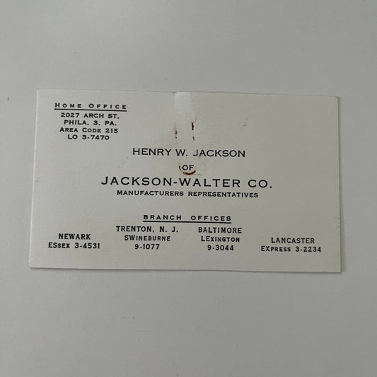 Henry W. Jackson - Jackson-Walter Co Mfg Reps Philadelphia Business Card AI9-S7