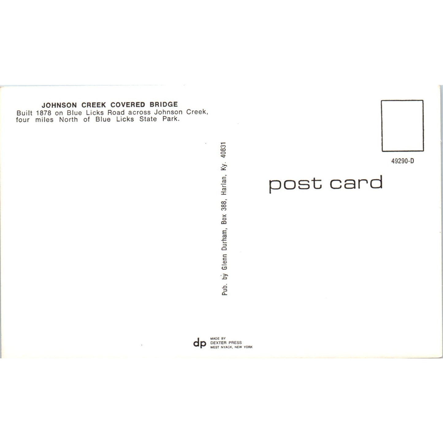 Johnson Creek Bridge Blue Licks State Park Vintage Covered Bridge Postcard PD3