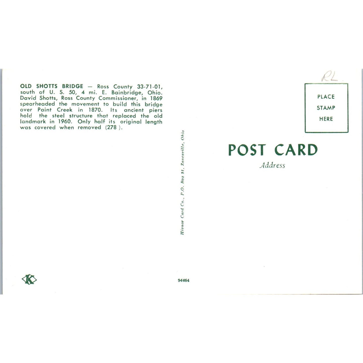 Old Shotts Bridge Ross County East Bainbridge Ohio Covered Bridge Postcard PC6