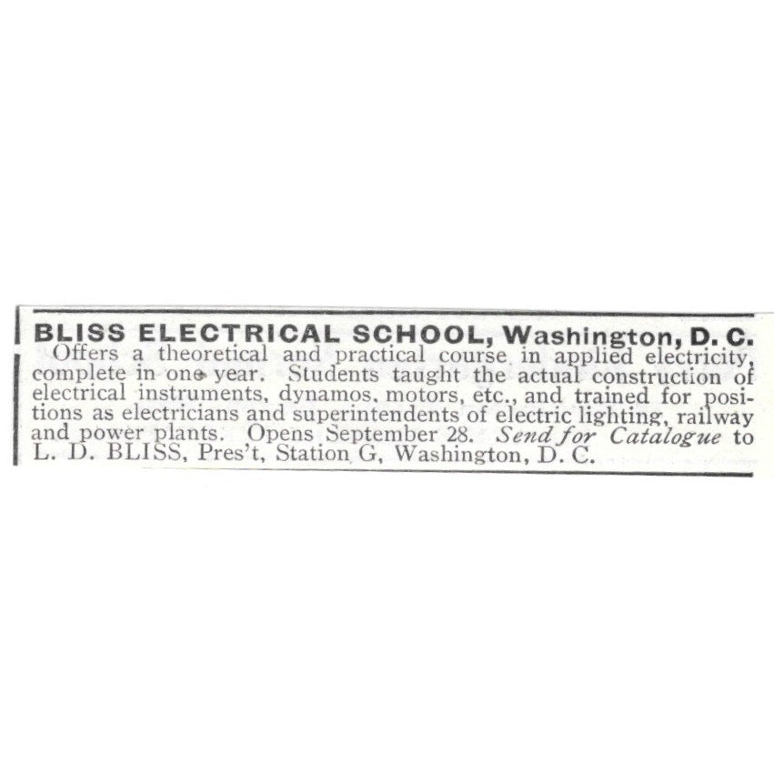 L.D. Bliss Electrical School Washington DC 1903 Ad AG3-S15