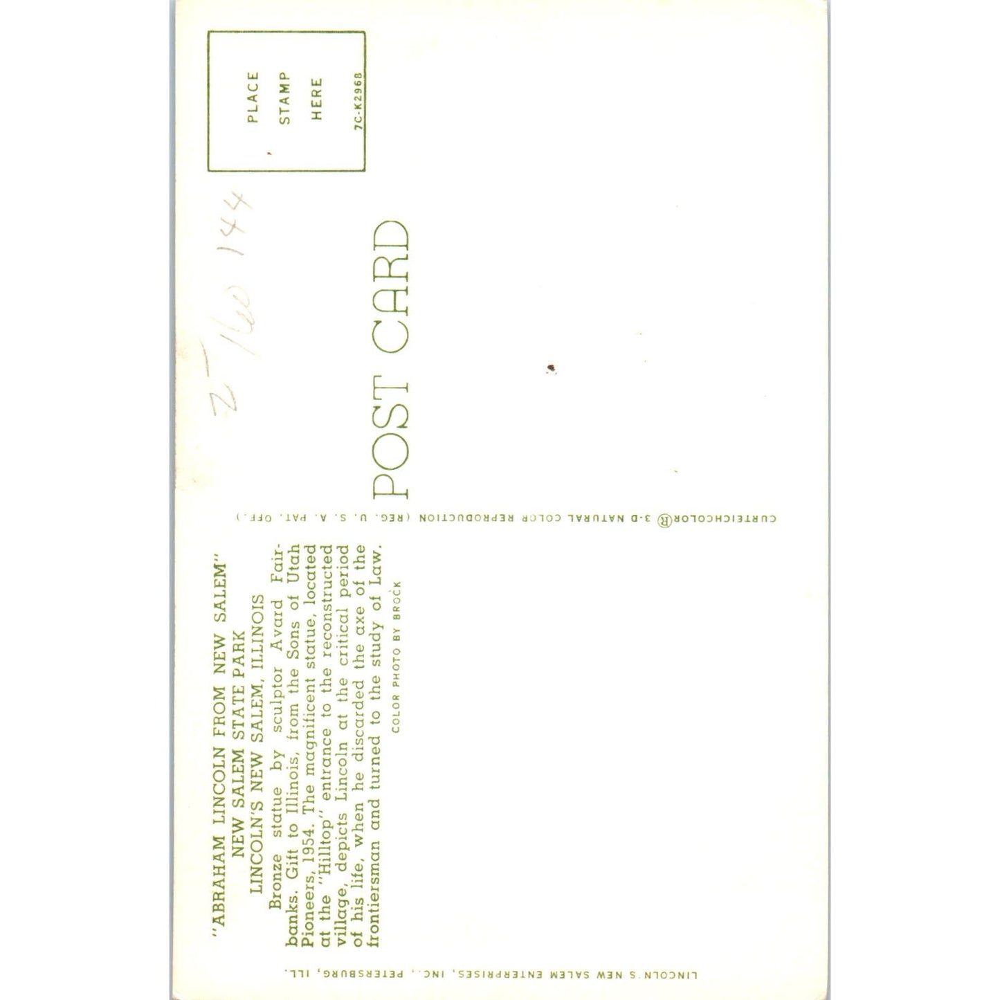 Abraham Lincoln Statue New Salem State Park IL Vintage Postcard PC16