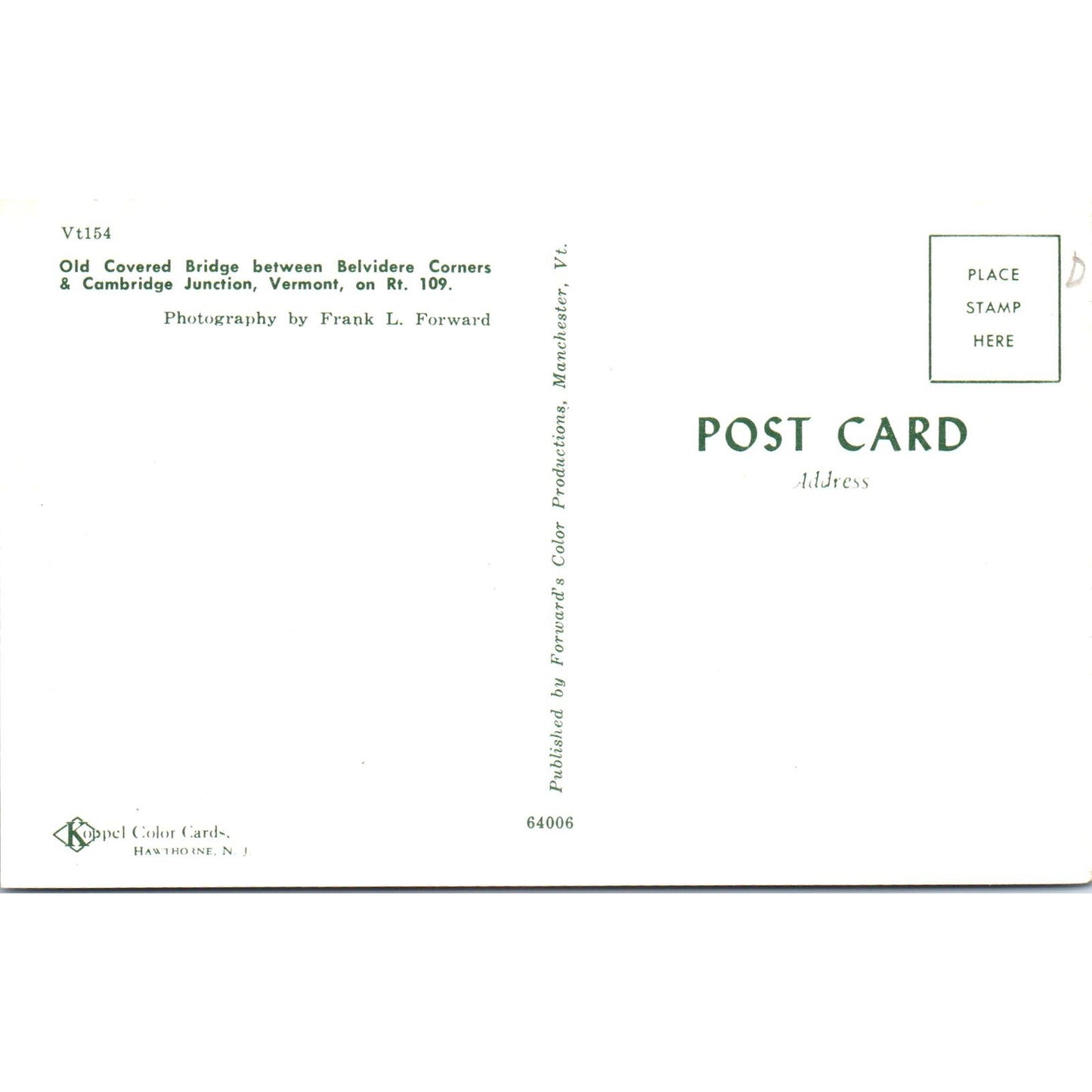 Covered Bridge Belvidere & Cambridge Junction VT Vintage Postcard PD6