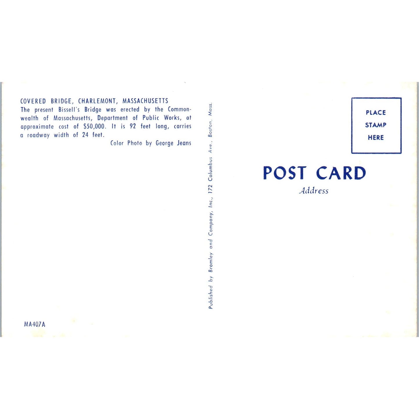 Bissell's Bridge Charlemont MA Vintage Covered Bridge Postcard PC13