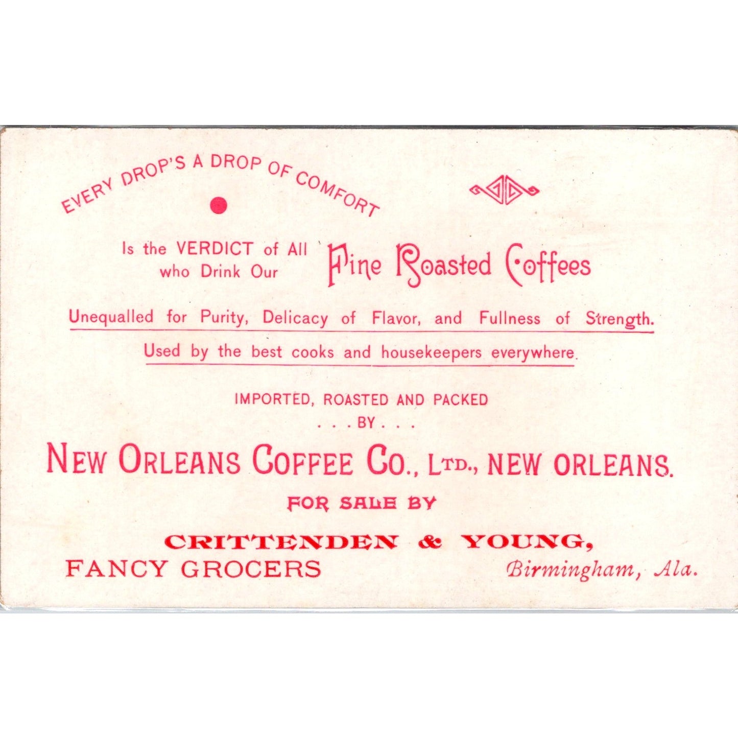 New Orleans Coffee Co Crittenden & Young Birmingham AL Antique Trade Card PQ1