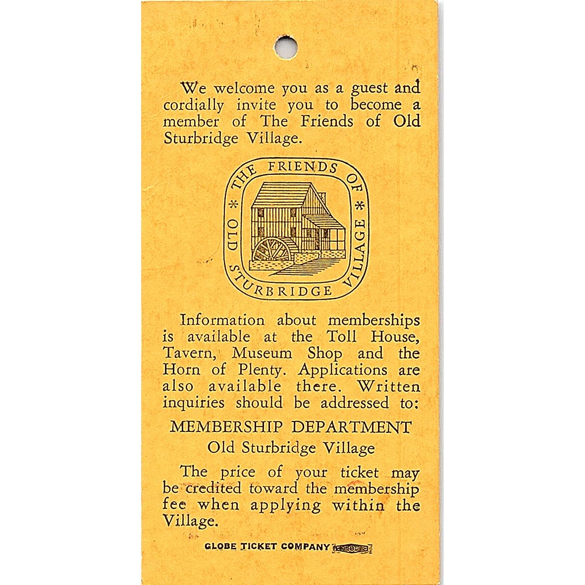 1960s Old Sturbridge Village Sturbridge Massachusetts Admission Stub TH2-TB3
