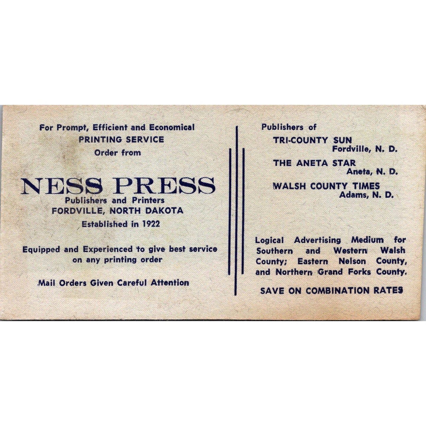 Ness Press Printing Service Fordville ND Antique Blotter Card AJ5-H6