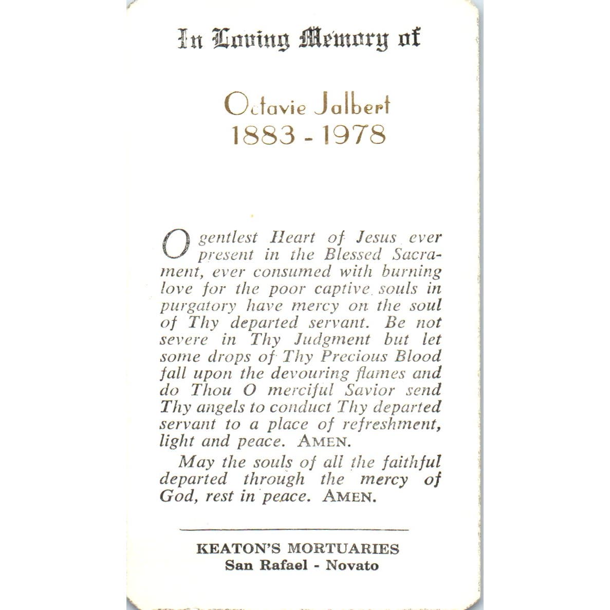 1978 Funeral Prayer Card Octavie Jalbert San Rafael Novato California AE4