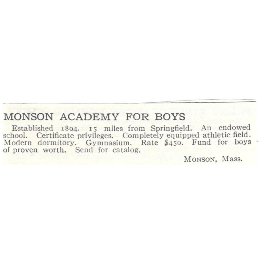 Monson Academy for Boys MA c1918 Original Magazine Advertisement AE5-SA10
