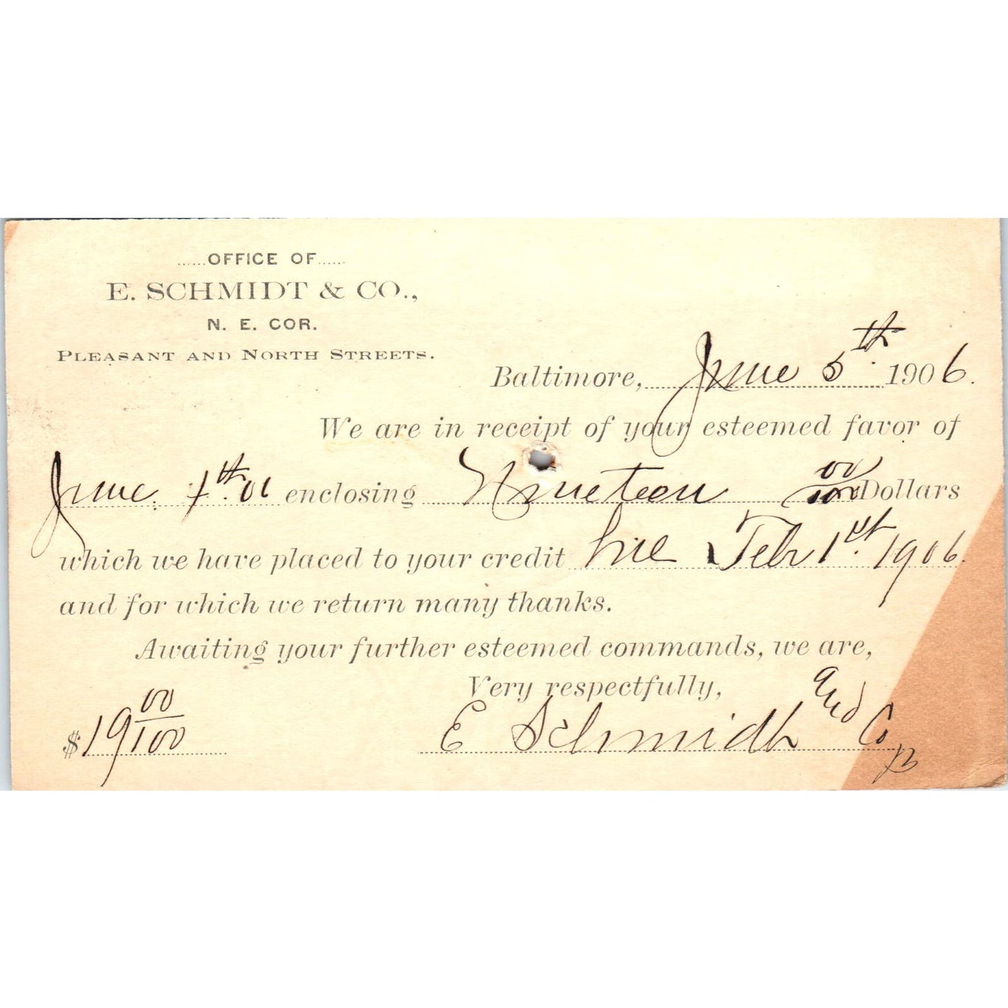 1906 Office Of E. Schmidt & Co Baltimore MD Payment Receipt Postal Card AE8