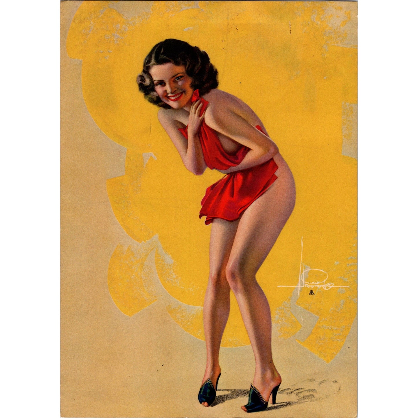 c1950 Rolf Armstrong Pinup Girl Red Towel Print Litho 7.5x10.5" B16