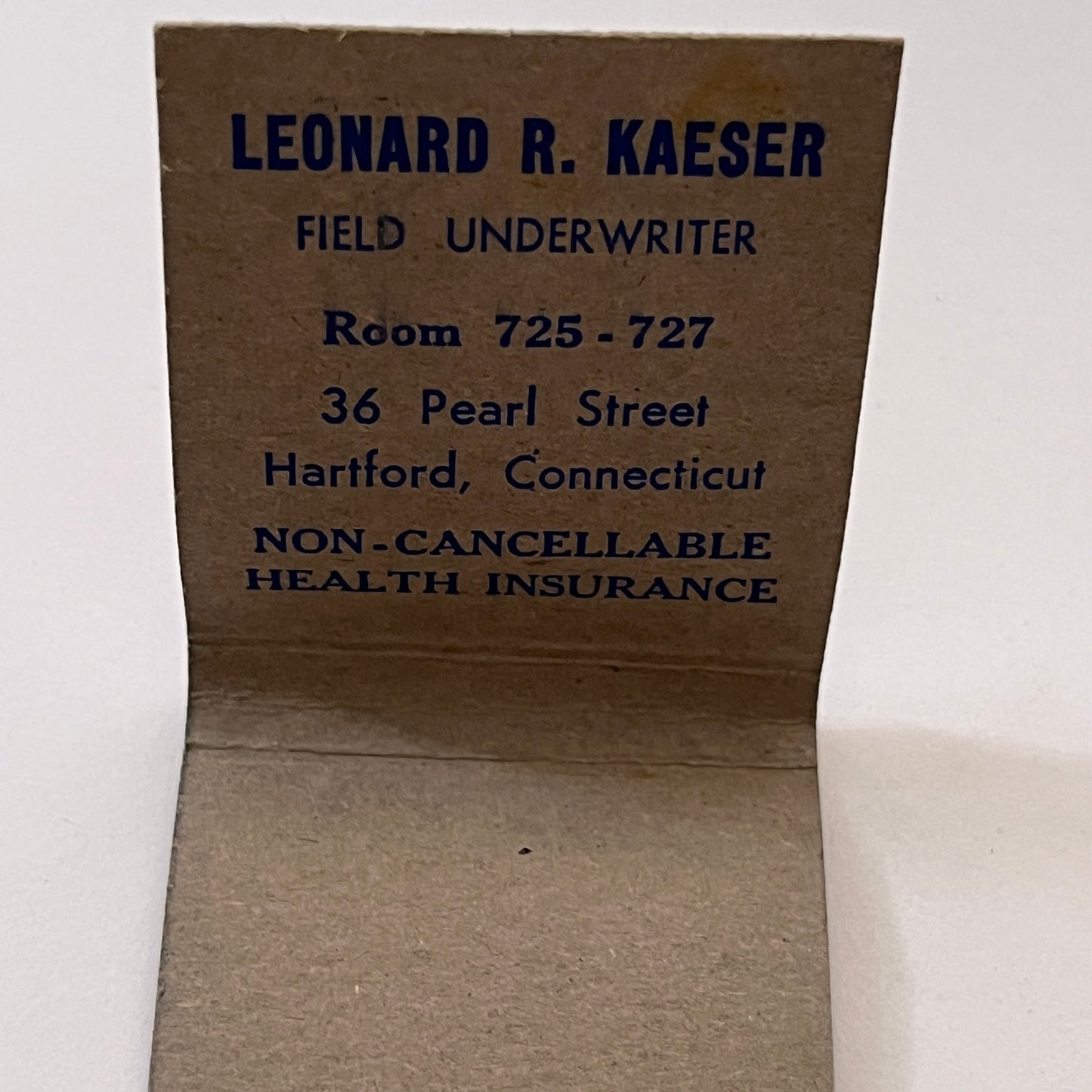 Leonard R Kaeser Underwriter Monarch Life Hartford Vtg Matchbook Cover TB8-MB3-2