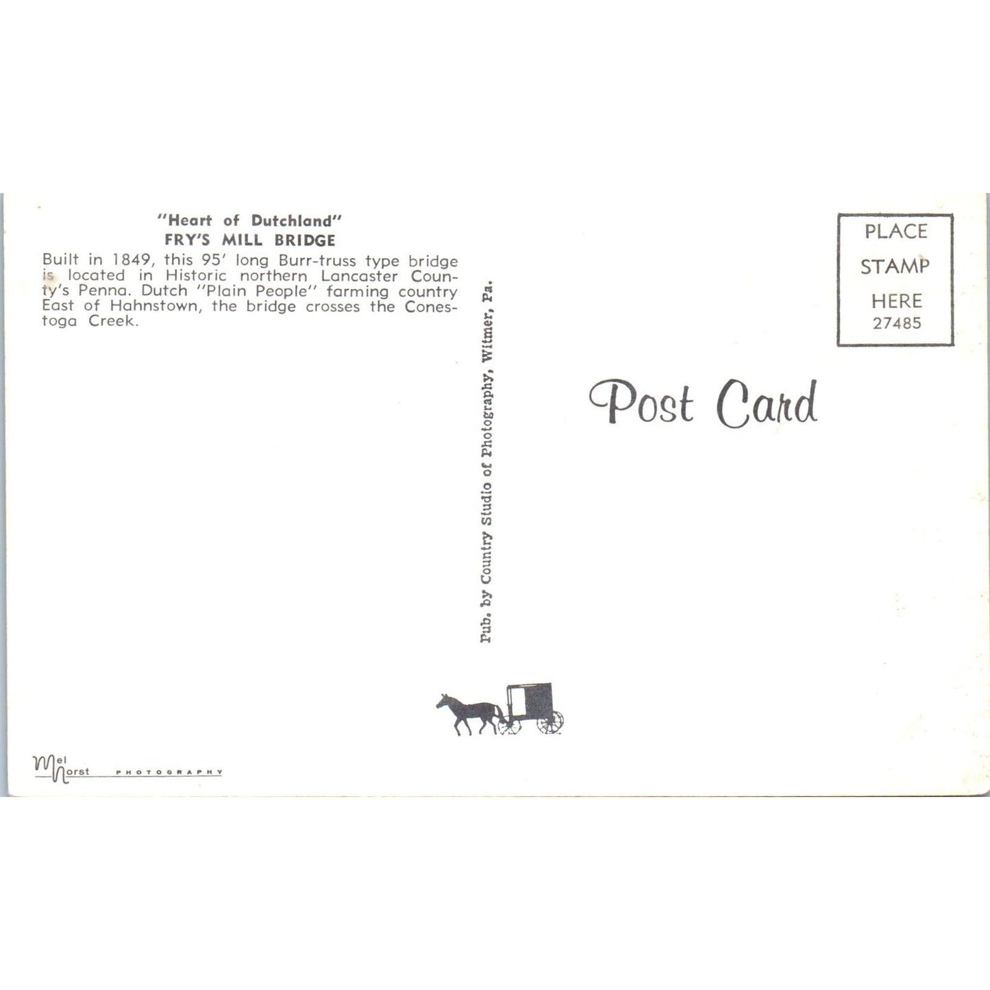 Fry's Mill Bridge PA Dutch Country Vintage Covered Bridge Postcard PD1