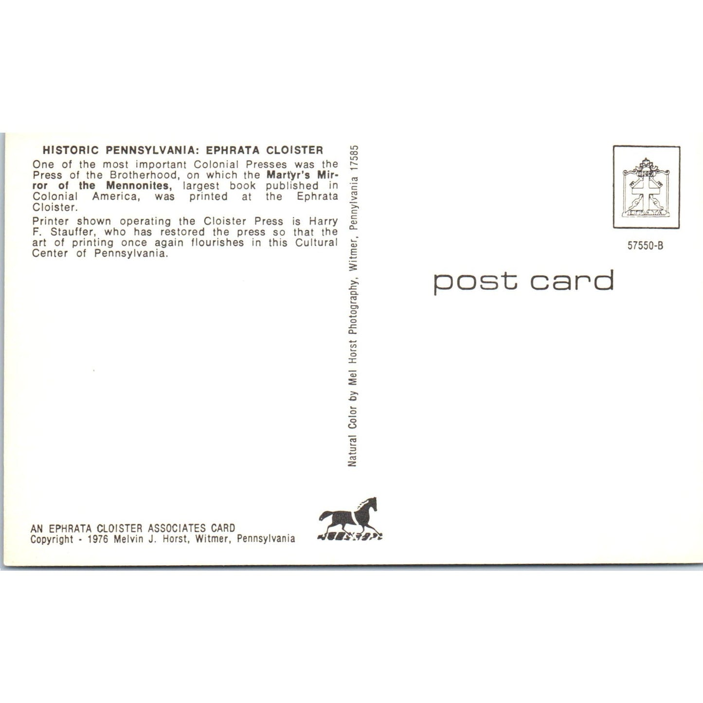 Ephrata Cloister Martyr's Mirror of Mennonites PA Dutch Country Vtg Postcard PD4