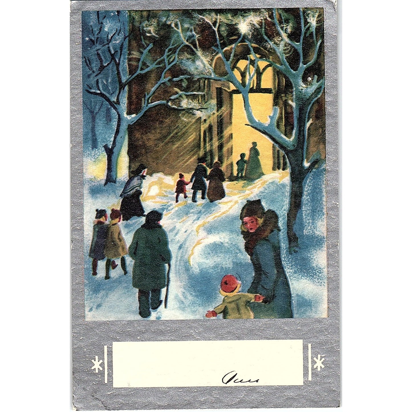 Christmas Scene Winter People Going to Church Midnight Mass Antique Postcard PE1