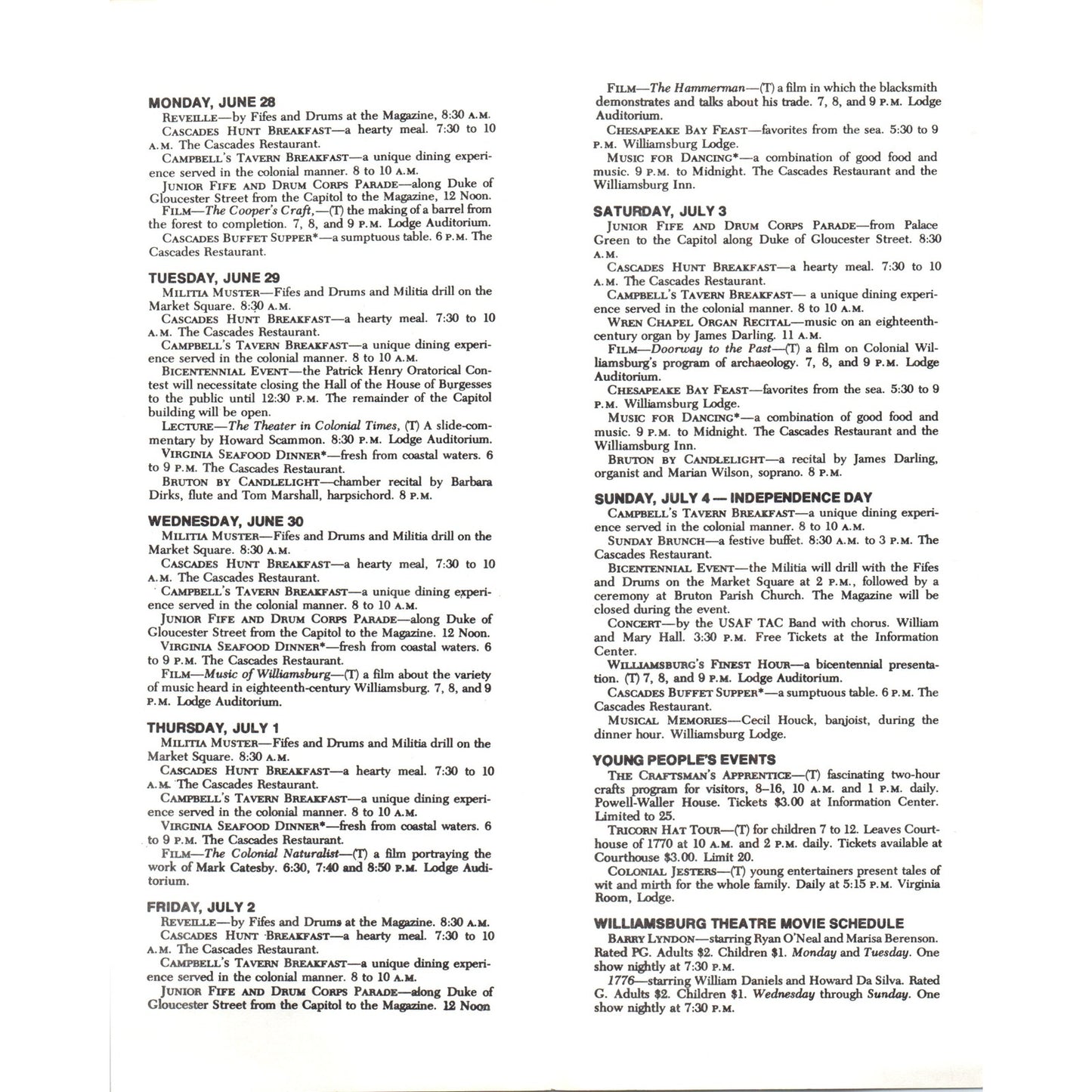1776 Bicentennial Colonial Williamsburg Events of the Week Pamphlet TF4-BD