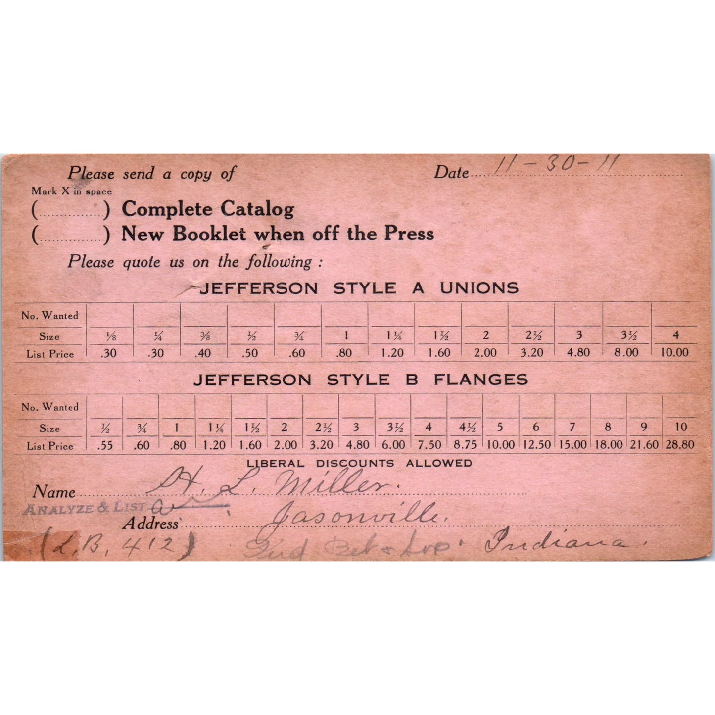 1911 Jefferson Union Co Lexington MA Advertising Postal Card PD7