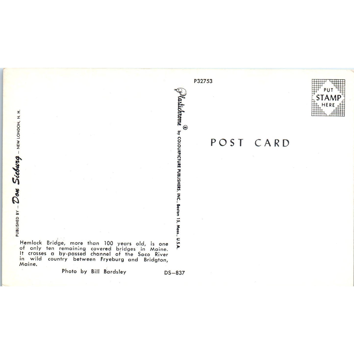 Hemlock Bridge Fryeburg Bridgton Maine Covered Bridge Postcard PB11