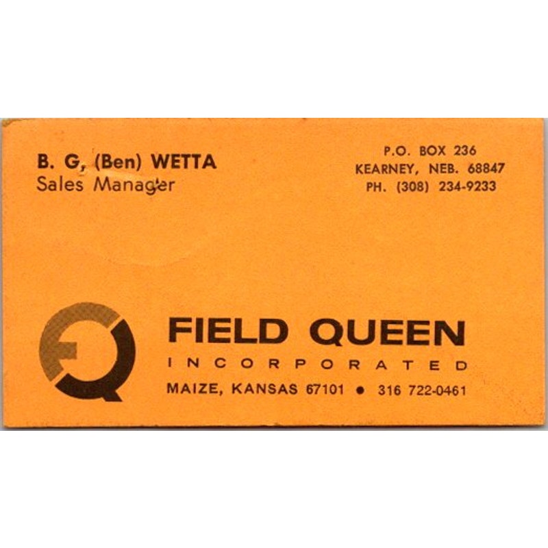 Field Queen Inc B.G. Ben Wetta Maize Kansas Vintage Business Card AJ2-S9
