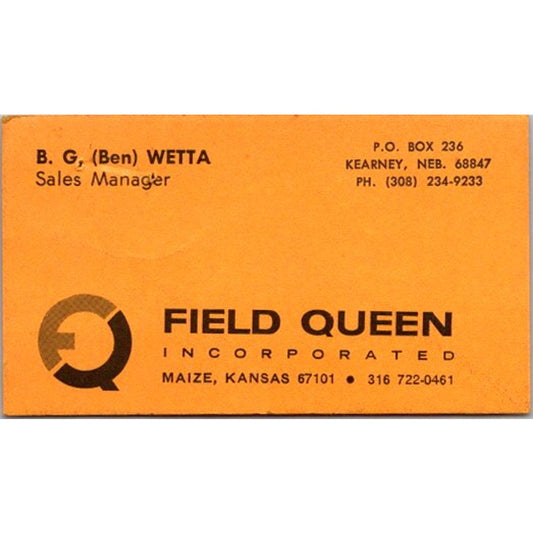 Field Queen Inc B.G. Ben Wetta Maize Kansas Vintage Business Card AJ2-S9