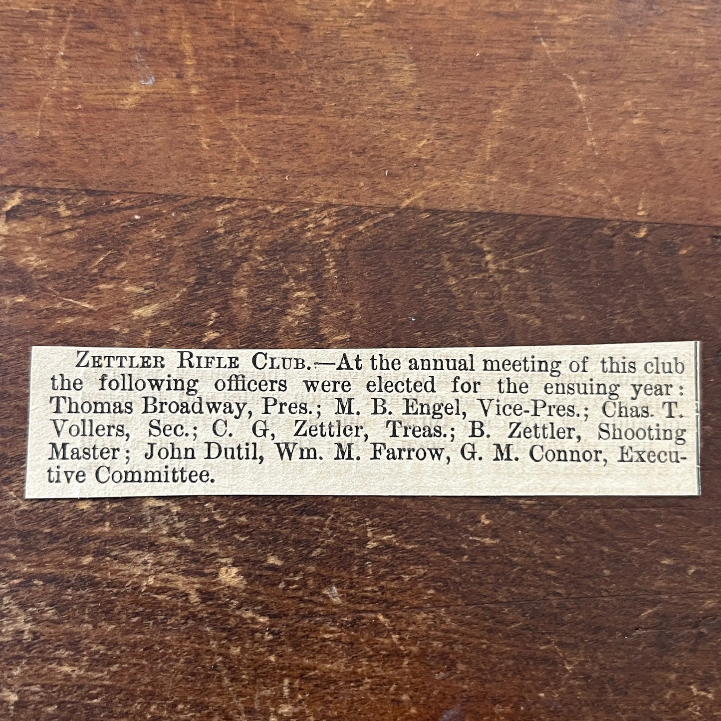 Nov 1878 Zettler Rifle Club Election M.B. Engel Chas T Vollers 1878 Clip AG2-S17
