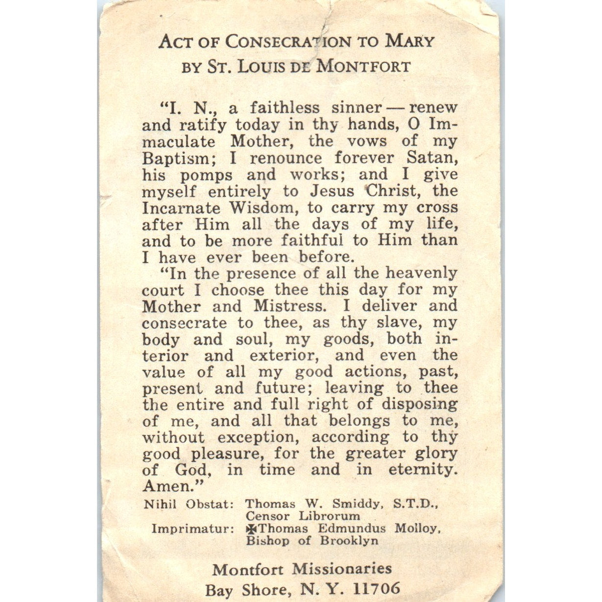 Act of Consecration to Mary St. Louis De Montfort Vintage Prayer Card TH2-PC1