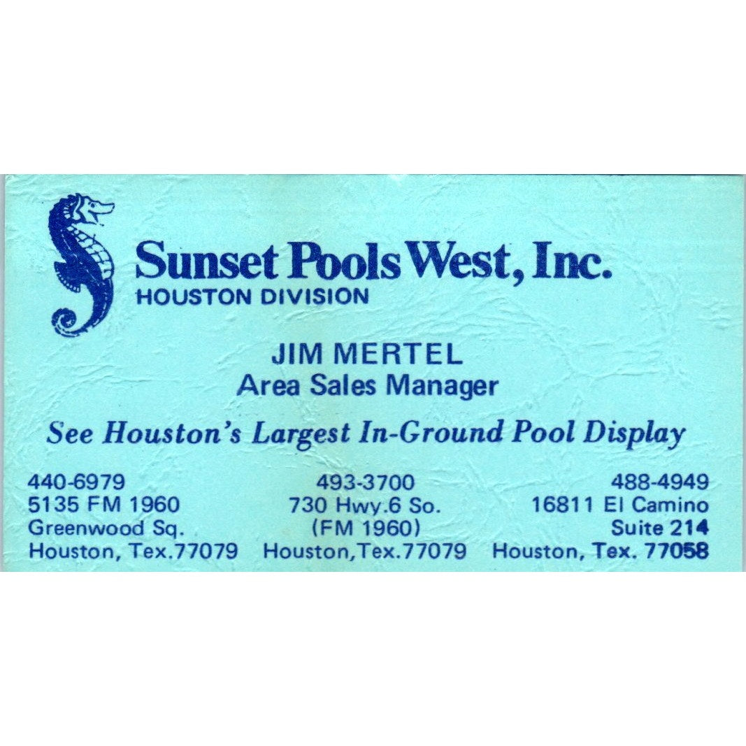 Sunset Pools West Jim Mertel Houston Division TX Vintage Business Card SD4-B2
