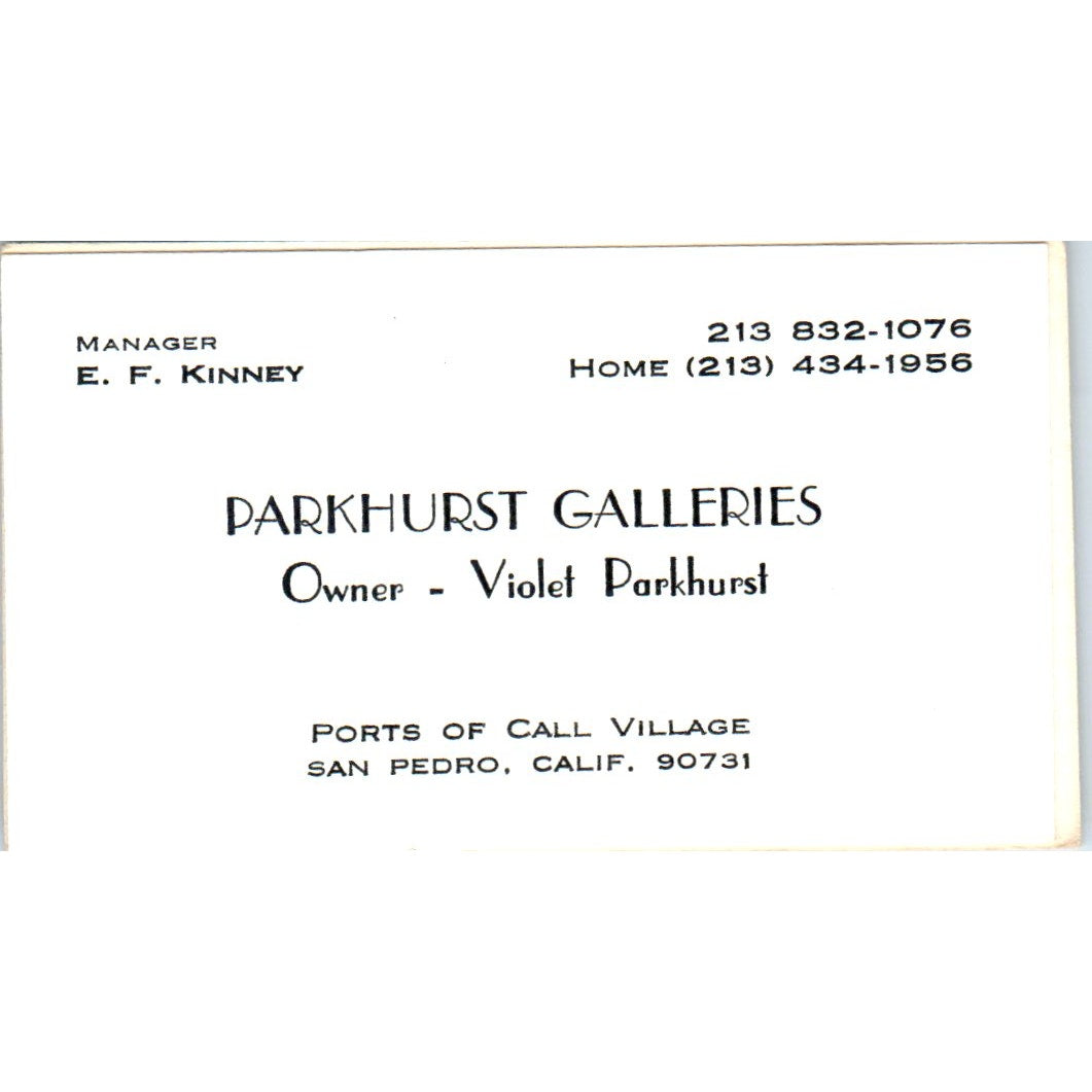 Violet Parkhurst Galleries San Pedro CA E.F. Kinney Vintage Business Card SD4-B4